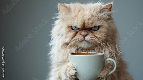 Cat is holding a coffee cup in its paws. The cat has a scowl on its face, giving the impression that it is angry or annoyed photo