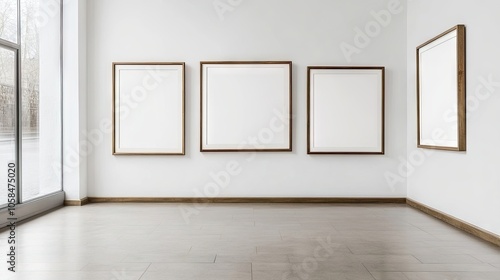 Blank picture frames arranged on a white wall background create a spacious ambiance in the room, providing ample opportunities for personalization with various artwork.