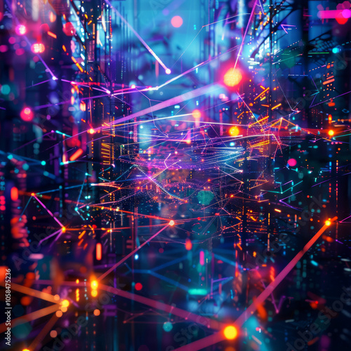 "Neon Network: Vibrant Futuristic Landscape with Interconnected Lines"