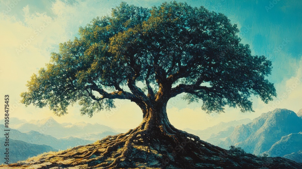 Fototapeta premium A majestic tree stands prominently against a backdrop of mountains, showcasing its sprawling branches and sturdy roots, This image is perfect for nature-themed projects, environmental campaigns