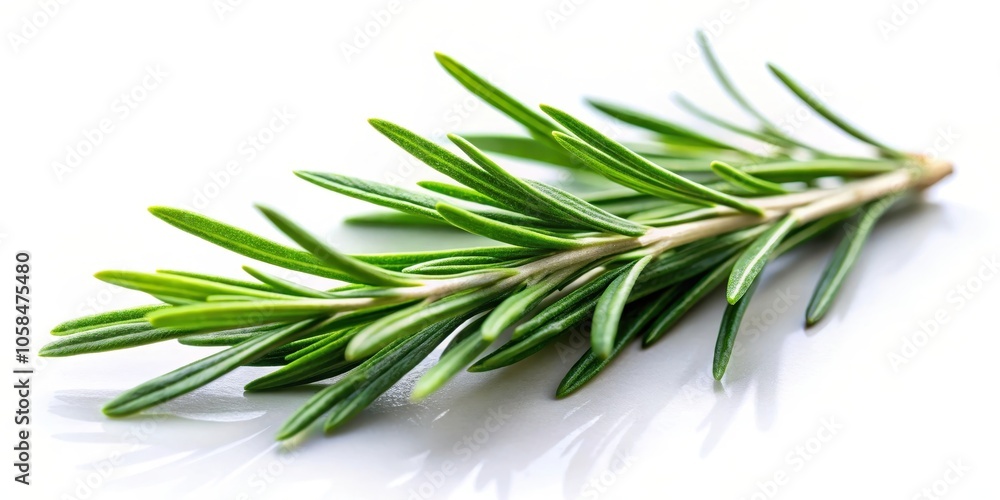 A sprig of rosemary with delicate green leaves and a light, almost translucent stem, resting on a white background, capturing the essence of fresh herbs.