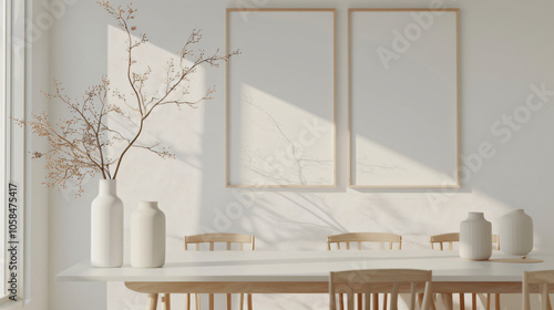 Bright and airy dining space featuring a wooden table and minimalist decor with natural light streaming through for lifestyle.