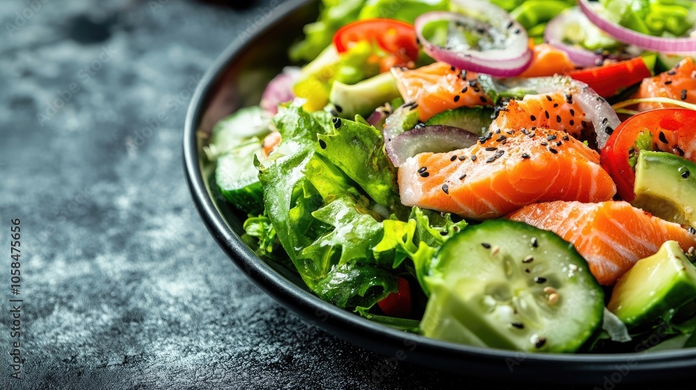 A vibrant salad with salmon, avocado, and onions, ideal for enjoying a healthy meal on a sunny day. This delicious salad offers a refreshing and nutritious option with ample copy space. A vibrant salad with salmon, avocado, and onions, ideal for enjoying a healthy meal on a sunny day. This delicious salad offers a refreshing and nutritious option with ample copy space.