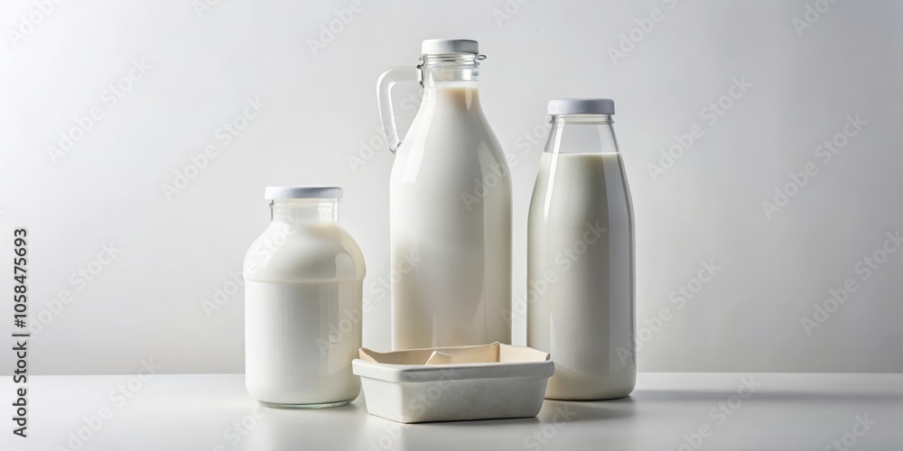 Three glass bottles filled with fresh milk stand on a white surface, with a white cardboard container in front. Three glass bottles filled with fresh milk stand on a white surface, with a white cardboard container in front.