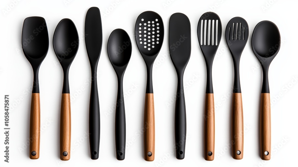 Set of wooden utensils with black handles. The utensils are arranged in a row, with some of them being spoons and others being spatulas. The utensils are all black and wooden, giving them a sleek Set of wooden utensils with black handles. The utensils are arranged in a row, with some of them being spoons and others being spatulas. The utensils are all black and wooden, giving them a sleek