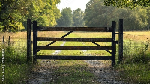 Locked gate on property emphasizes security and protection, reflecting a strong barrier that enhances safety. This image of a locked gate symbolizes the concept of security with ample copy space.