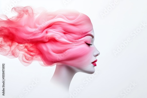 Woman with pink hair and red lips. The hair is styled in a way that it looks like it is on fire photo