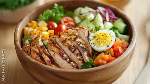 Grilled chicken salad with vegetables and a boiled egg in a bowl.