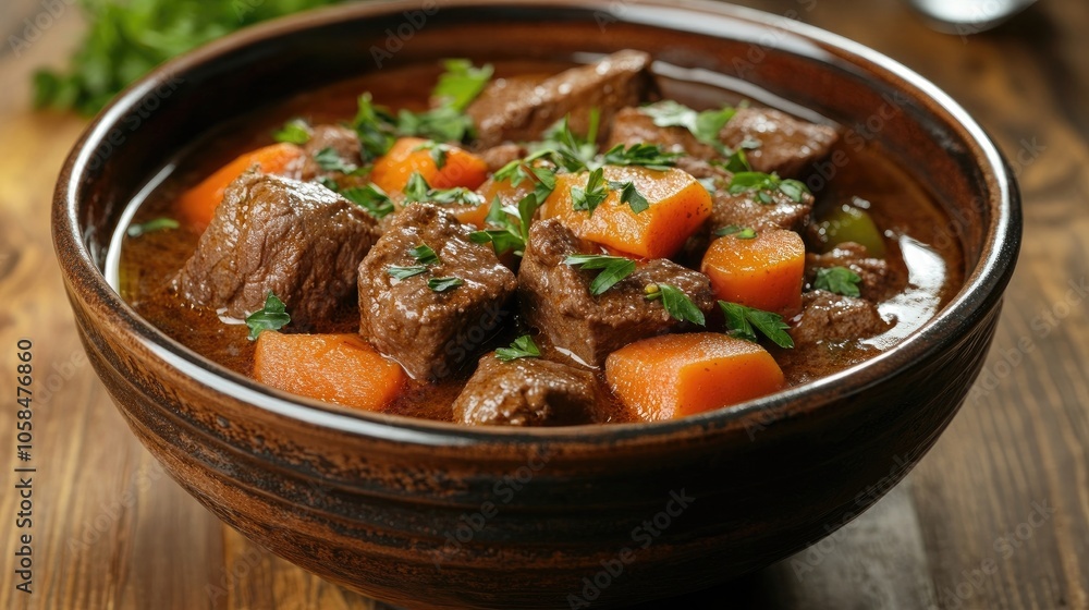 Traditional beef stew in a rustic ceramic bowl, richly garnished with fresh parsley, offers a cozy and inviting appearance perfect for a comforting meal ambiance. Photo with ample copy space. Traditional beef stew in a rustic ceramic bowl, richly garnished with fresh parsley, offers a cozy and inviting appearance perfect for a comforting meal ambiance. Photo with ample copy space.