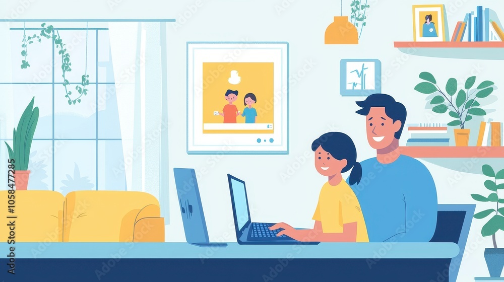 A cheerful scene of a parent and child working together on a laptop in a cozy, well-decorated living space. A cheerful scene of a parent and child working together on a laptop in a cozy, well-decorated living space.