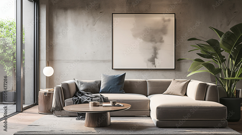Elegant living room with a neutral sofa, a round coffee table, and greenery, enhanced by natural light streaming through large windows for lifestyle. Elegant living room with a neutral sofa, a round coffee table, and greenery, enhanced by natural light streaming through large windows for lifestyle.