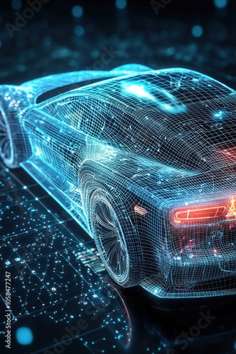 Futuristic automotive technology concept rendered in intersecting 3D wireframes.