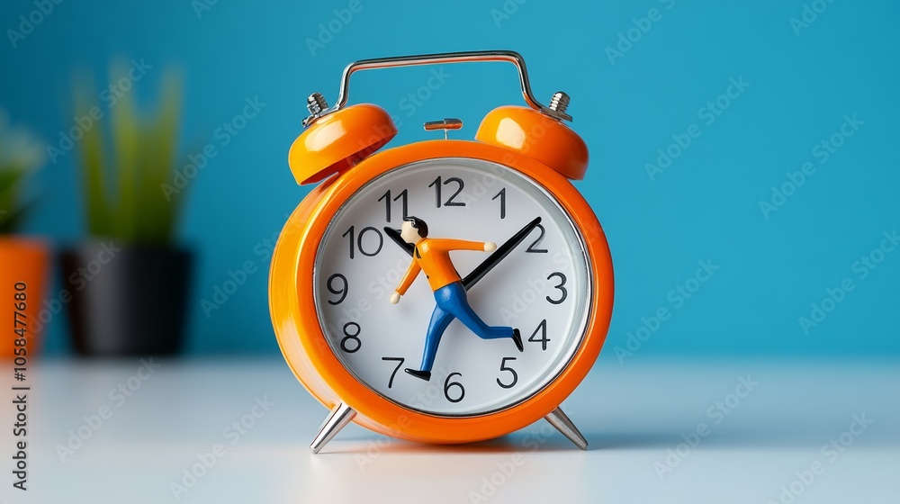 Man is running on an orange clock with the hands at the numbers 3 and 9. The clock is on a table with a blue background Man is running on an orange clock with the hands at the numbers 3 and 9. The clock is on a table with a blue background