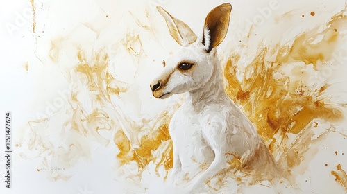 Sculptural white and gold kangaroos painted in watercolor with fluid brushstrokes. photo