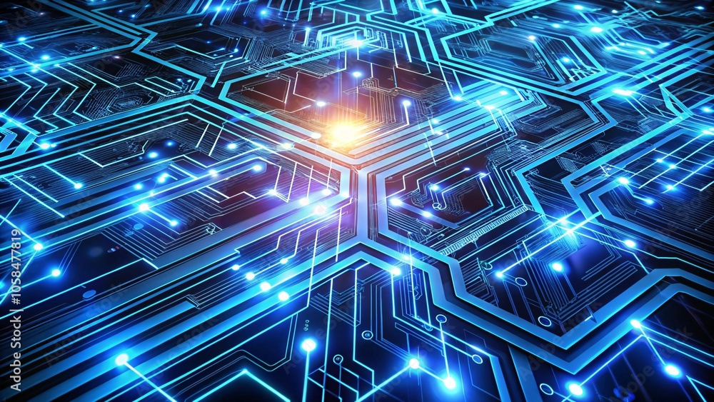 Neon-Lit Silicone Microchip Glowing Blue Circuits and Intricate Pathways Powering a Futuristic CPU on a High-Tech Motherboard V4 Neon-Lit Silicone Microchip Glowing Blue Circuits and Intricate Pathways Powering a Futuristic CPU on a High-Tech Motherboard V4