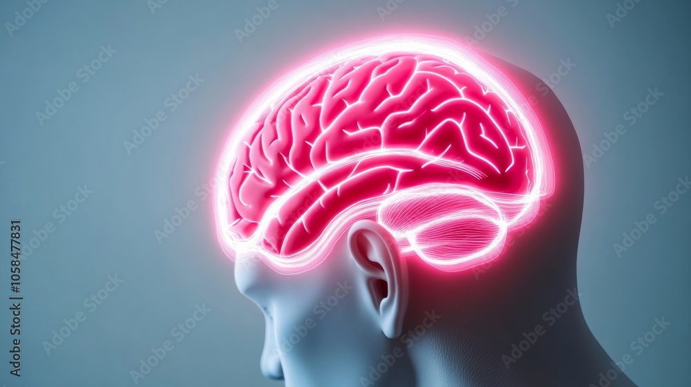 Obraz premium Brain with pink glowing lines surrounding it. The brain is the main focus of the image. The pink glow gives the brain a sense of importance and vitality