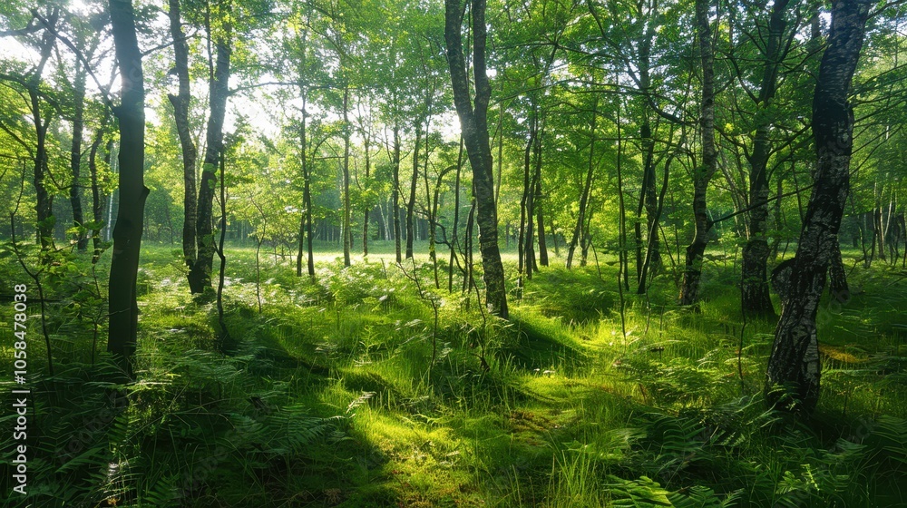 A tranquil forest scene showcasing vibrant greenery and dappled sunlight filtering through the trees, Ideal for nature themes, eco-friendly projects, or outdoor activities, A tranquil forest scene showcasing vibrant greenery and dappled sunlight filtering through the trees, Ideal for nature themes, eco-friendly projects, or outdoor activities,
