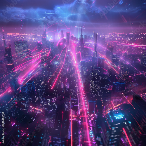 Futuristic Metropolis with Neon Digital Network Overlay photo