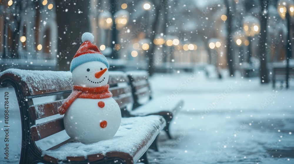 Obraz premium Snowman in a winter park with benches covered in snow, with ample space above for copy text.