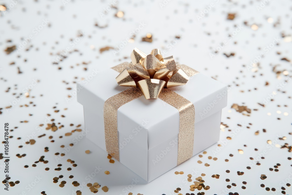 Elegant gift box with a luxurious bow, surrounded by colorful confetti, perfect for celebrations and special occasions. Elegant gift box with a luxurious bow, surrounded by colorful confetti, perfect for celebrations and special occasions.