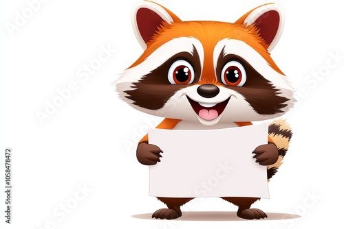 Cartoon raccoon holding a blank piece of paper. The raccoon is smiling and he is happy