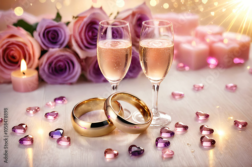 Wedding anniversary and celebration. Wedding ring for couples. Champagne and bouquet of rose flower. Romantic valentine background.
