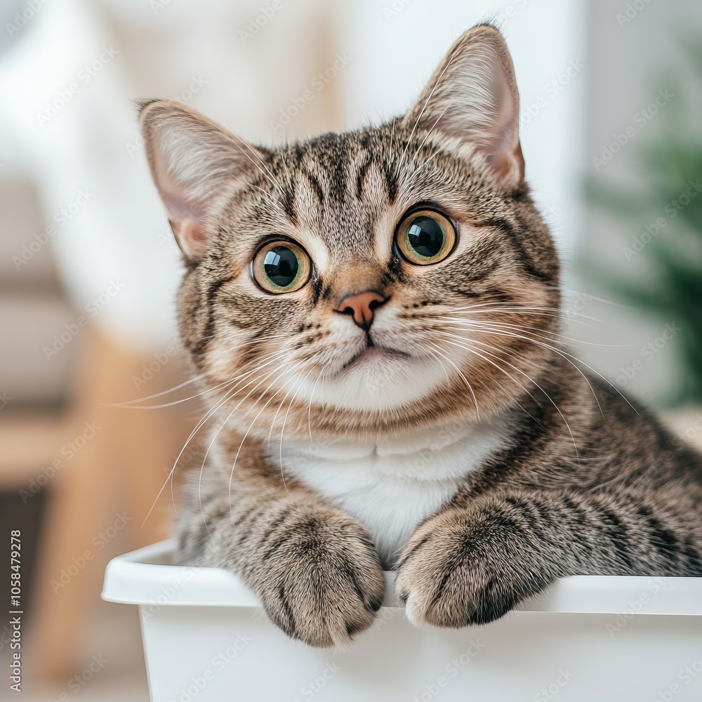 A cute tabby cat with large eyes peeks out from a litter box, showcasing its playful and curious personality in a cozy indoor setting. A cute tabby cat with large eyes peeks out from a litter box, showcasing its playful and curious personality in a cozy indoor setting.