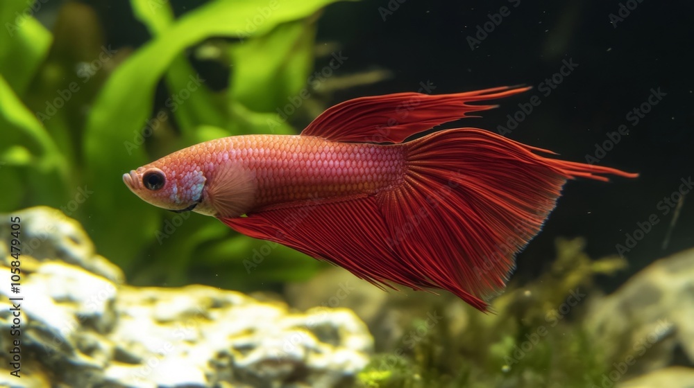Obraz premium Vibrant Red Betta Fish Swimming in Clear Water