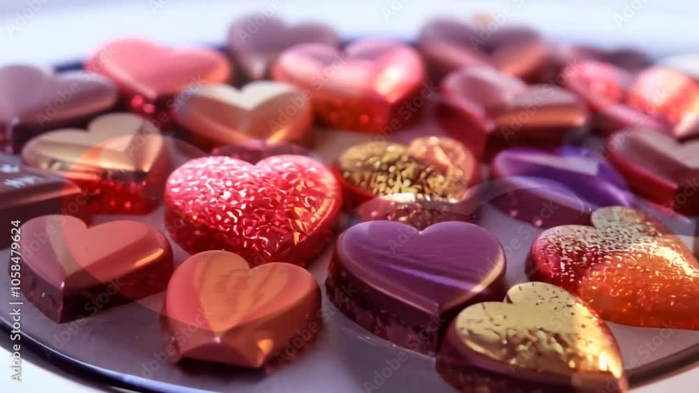 Rotating Chocolate Candies In The Shape Of Colored Hearts. Rotating Chocolate Candies In The Shape Of Colored Hearts.