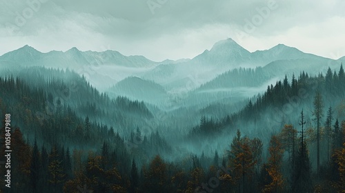 Autumn and winter blend in this background landscape, where dark rainy fog cloaks the mountains. The foggy forest reveals misty hilllines in various shades of green and grey, with ample copy space. photo