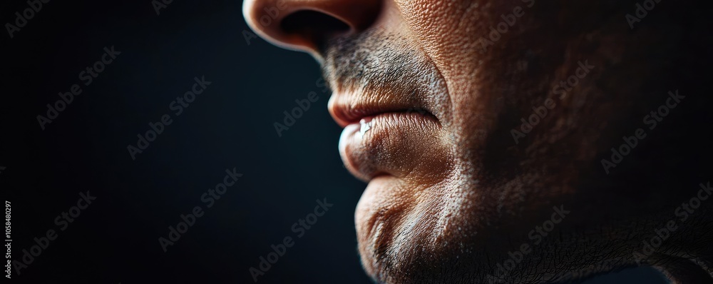 Close-up of a man's chin and jawline against a dark backdrop. Close-up of a man's chin and jawline against a dark backdrop.