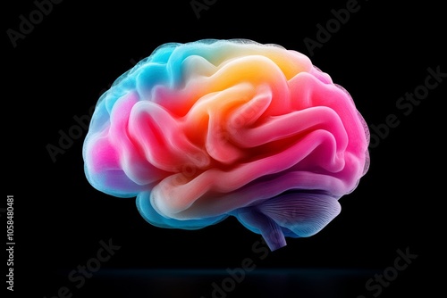 Colorful brain with a purple and orange swirl. The brain is surrounded by a black background. The colors of the brain are vibrant and lively, giving the impression of a creative and imaginative mind photo