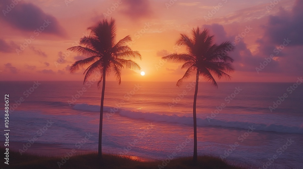 Obraz premium Two palm trees silhouette against a vibrant pink sunset over the ocean.