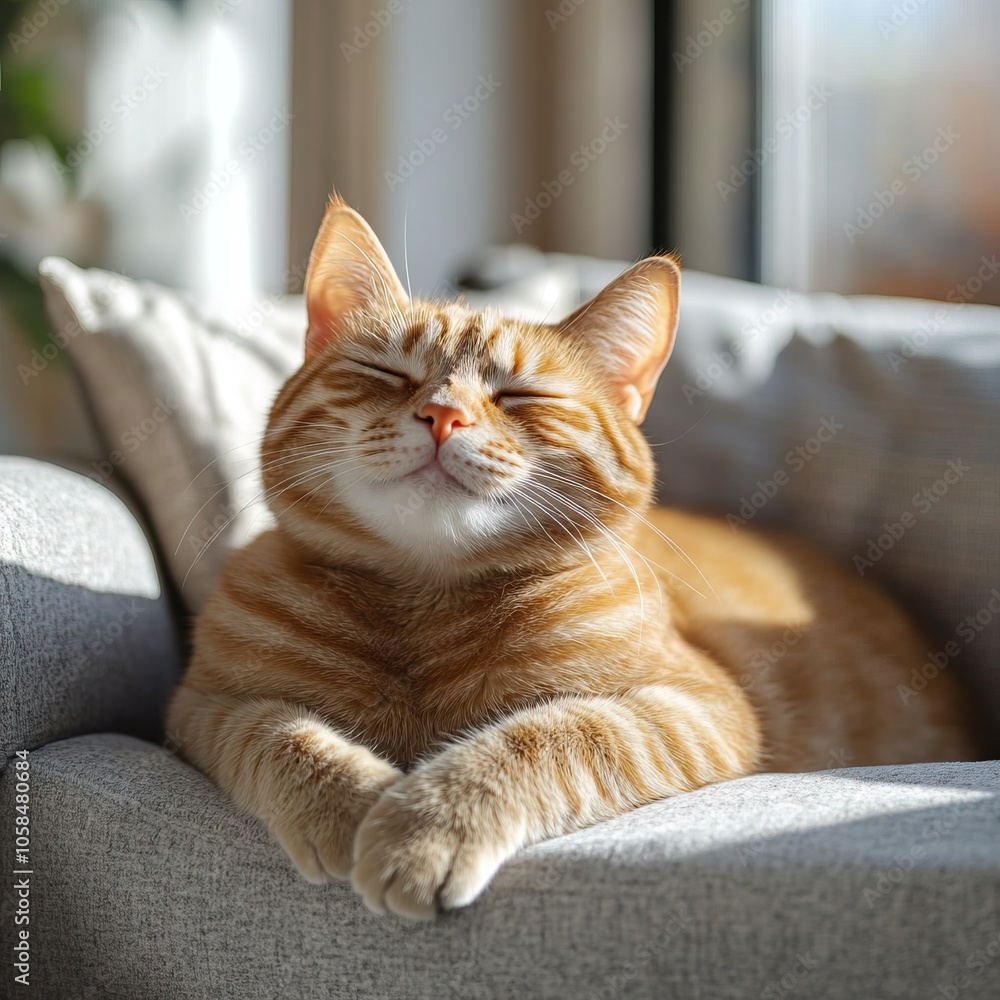 A relaxed orange cat lounges peacefully on a couch, basking in sunlight with eyes closed, exuding a sense of contentment and comfort. A relaxed orange cat lounges peacefully on a couch, basking in sunlight with eyes closed, exuding a sense of contentment and comfort.
