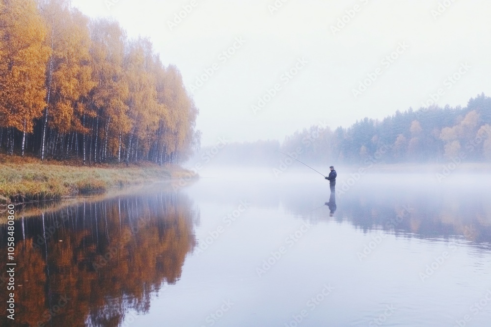 Fototapeta premium Tranquil Autumn Fishing Scene with Misty Reflections on a Calm River