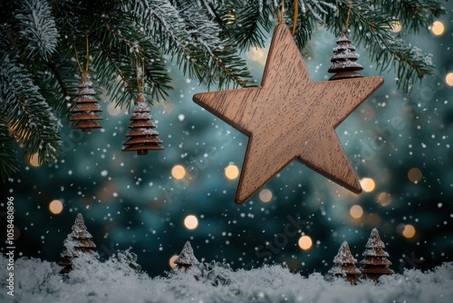 A festive scene featuring a wooden star ornament and miniature pine trees, set against a snowy backdrop with soft bokeh lights.