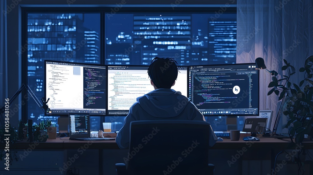 Working businessman in front of a computer screen, digital technology and finance Working businessman in front of a computer screen, digital technology and finance