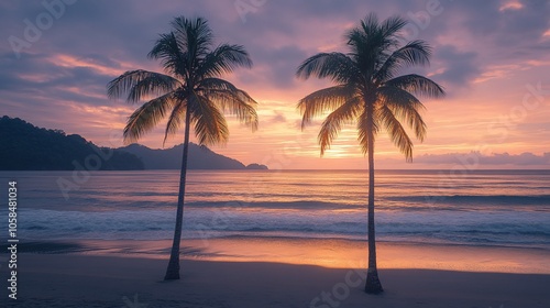 Two palm trees silhouetted against a colorful sunset on a tropical beach.