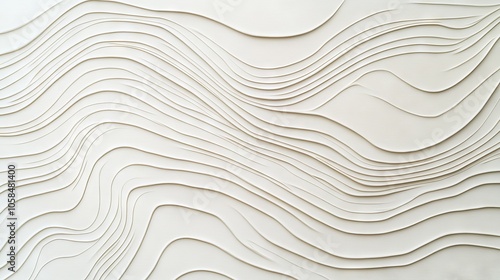 Fototapeta Naklejka Na Ścianę i Meble -  2410_048.thin lines forming topographic map pattern, white background with smooth 3d curves, organic wood grain-like texture, monochromatic relief design, abstract flowing terrain, seamless and
