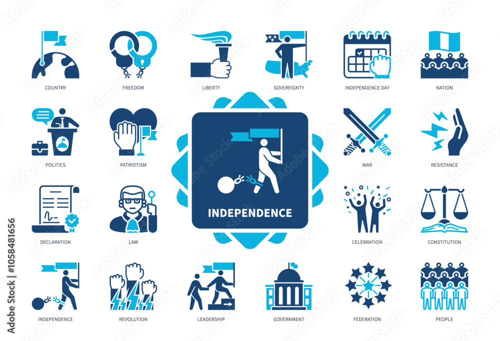 Independence icon set. Sovereignty, Nation, Law, Revolution, Declaration, Independence Day, Patriotism, Country. Duotone color solid icons Independence icon set. Sovereignty, Nation, Law, Revolution, Declaration, Independence Day, Patriotism, Country. Duotone color solid icons