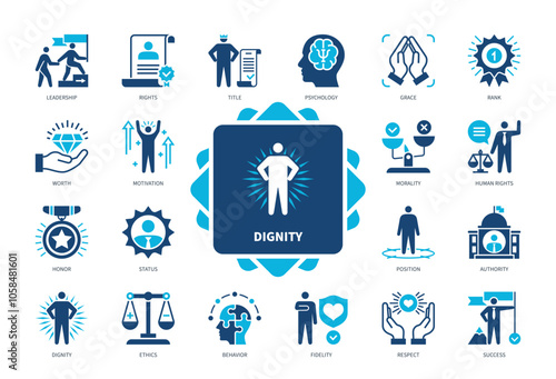 Dignity icon set. Respect, Status, Psychology, Rank, Authority, Motivation, Leadership, Rights. Duotone color solid icons