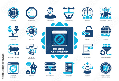 Internet Censorship icon set. Blacklist, Suppression, Restriction, Morality, Barrier, Control, DNS Filtering, Religion. Duotone color solid icons