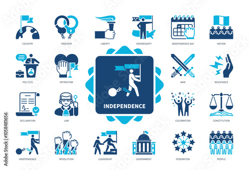 Independence icon set. Sovereignty, Nation, Law, Revolution, Declaration, Independence Day, Patriotism, Country. Duotone color solid icons