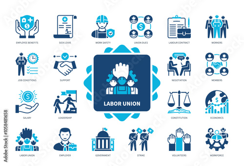 Labor Union icon set. Union Dues, Workforce, Job Conditions, Employee Benefits, Members, Constitution, Workforce, Employer. Duotone color solid icons