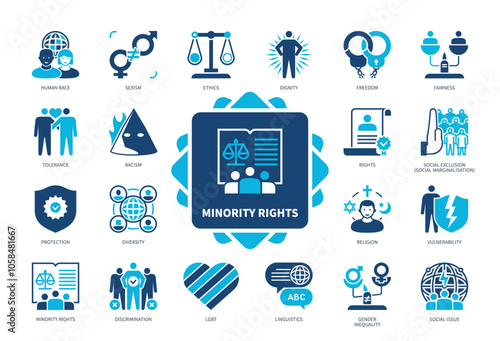 Minority Rights icon set. Human Race, Ethics, Rights, Discrimination, Diversity, Racism, Tolerance, Social Issue. Duotone color solid icons