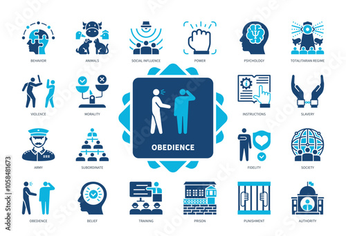 Obedience icon set. Behavior, Psychology, Army, Slavery, Volcanism, Authority, Social Influence, Subordinate. Duotone color solid icons