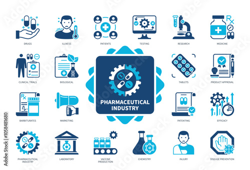 Pharmaceutical Industry icon set. Medicine, Drugs, Barbiturates, Illness, Patients, Patenting, Efficacy, Chemistry. Duotone color solid icons