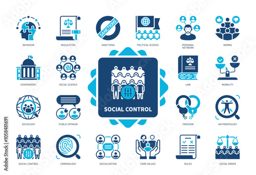 Social Control icon set. Sanctions, Norms, Sociology, Social Order, Morality, Socialization, Regulation, Law. Duotone color solid icons