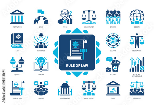 Rule of Law icon set. Institution, Court, Judge, Lawmakers, Equality, Norms, Economic, Legislators. Duotone color solid icons