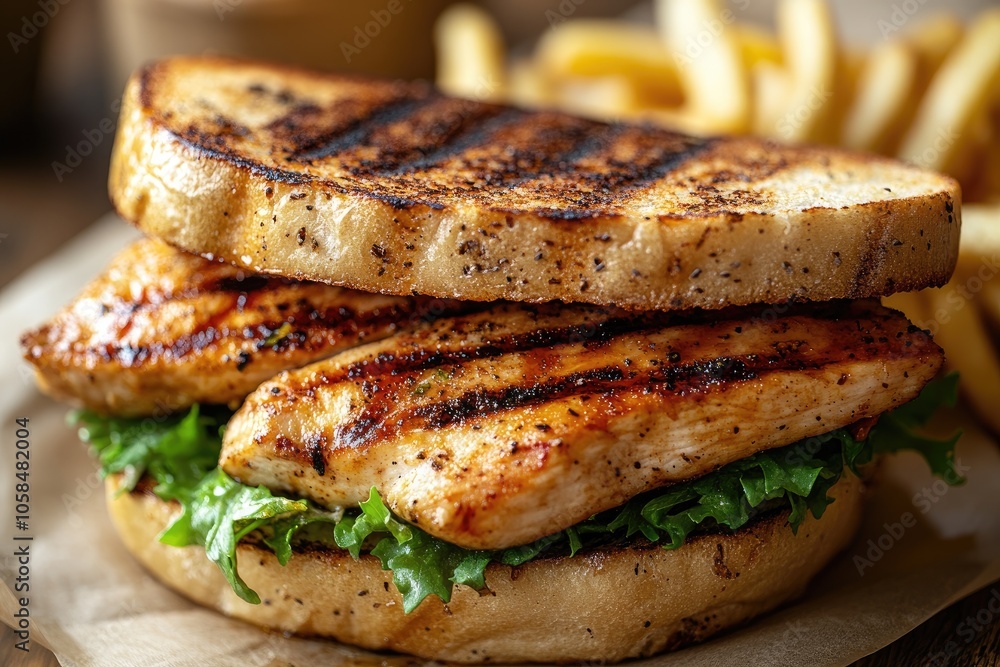 Grilled chicken sandwich with french fries displaying culinary delights Grilled chicken sandwich with french fries displaying culinary delights